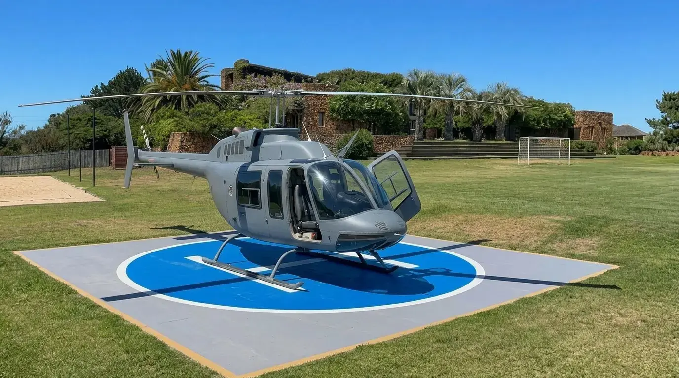 Llegada en helicóptero al acceso privado