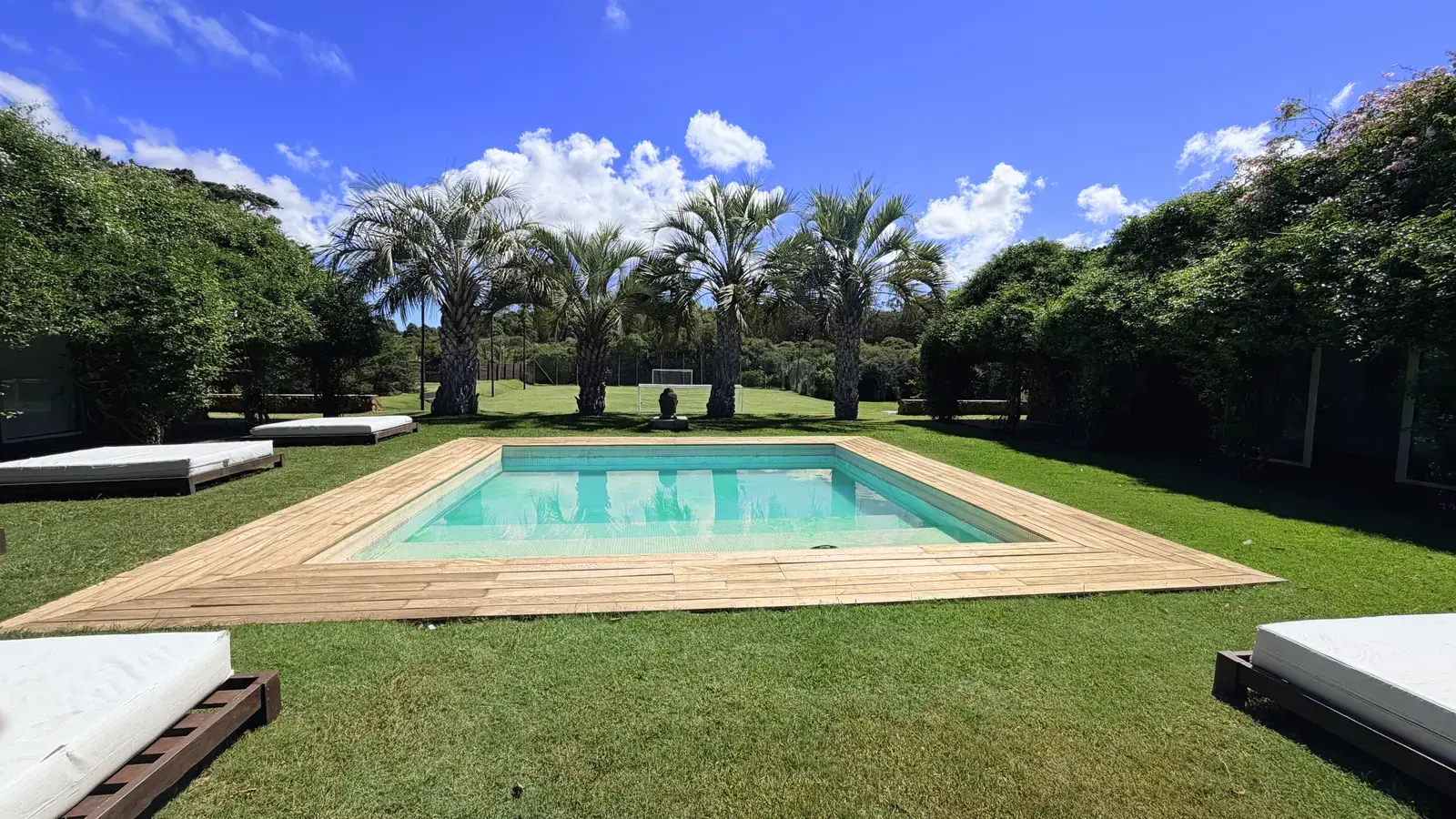 Vista general de la piscina y el jardín